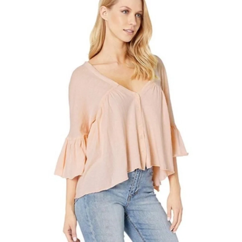 Free People Sweet Little Tee Pink Flounce Sleeve Top Size Small - Picture 3 of 8